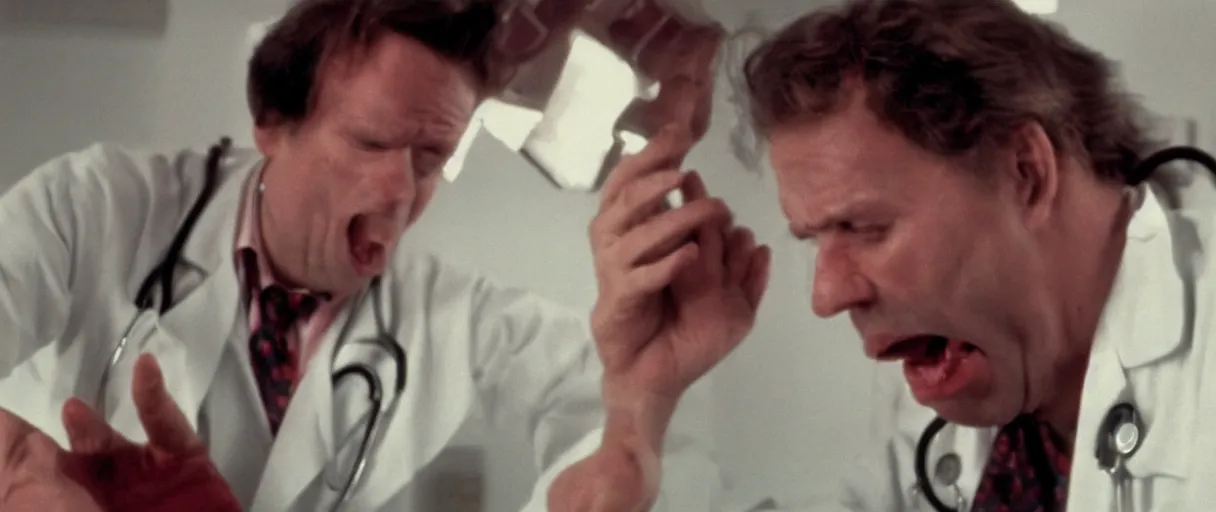 Prompt: filmic dutch angle movie still 4 k uhd 3 5 mm film color photograph of a screaming horrified doctor looking down at his hand is bitten by a re - animated specimen