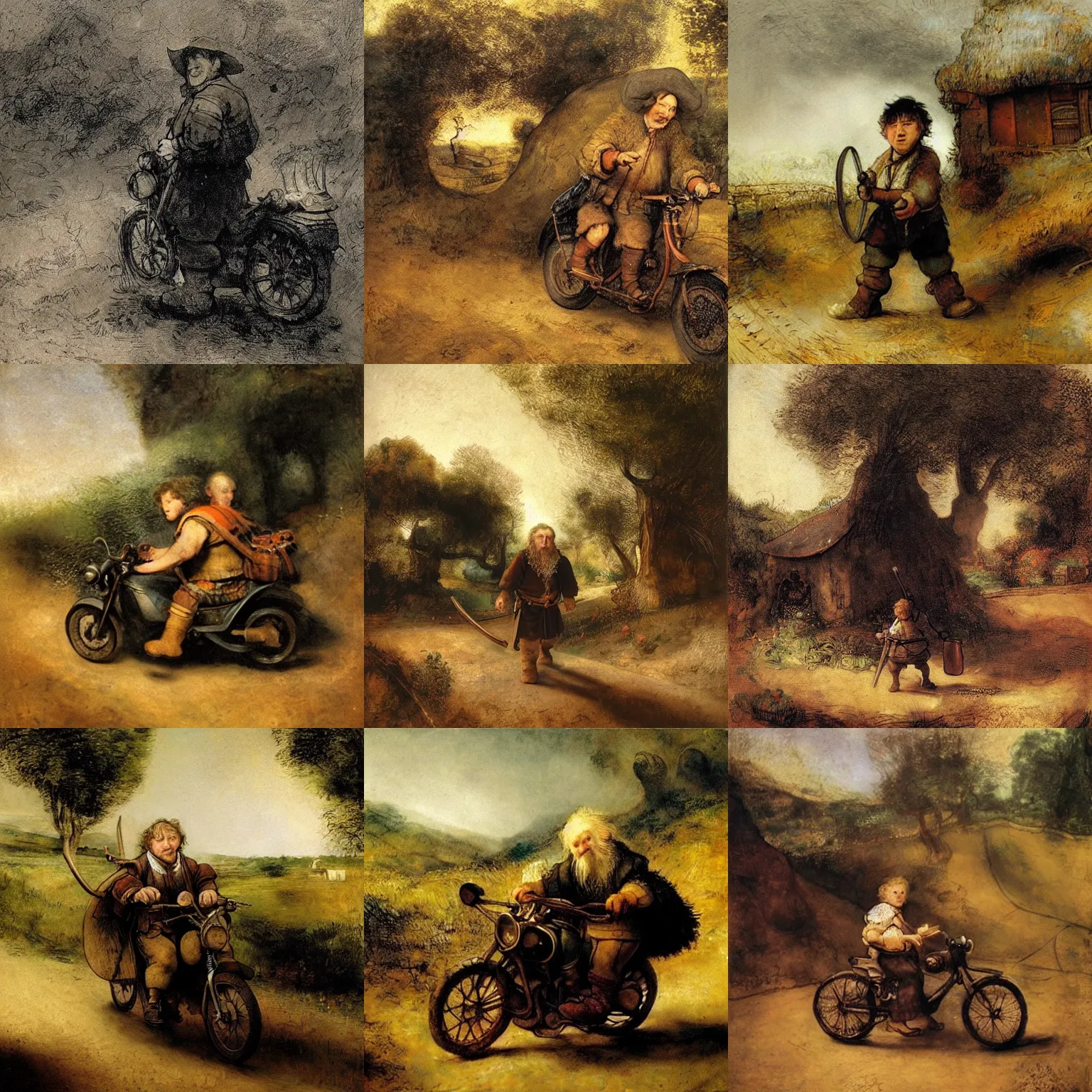Prompt: a hobbit wearing flip flops driving a motorcycle in a farm, painting by rembrandt, vintage