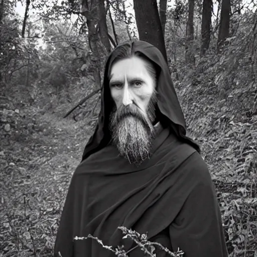 Prompt: trail _ camera _ photo _ of _ a _ breaton monks looking like rasputin with some ghost shadows _ realistic _ spooky _ grimdark _ night _ black _ and _ white