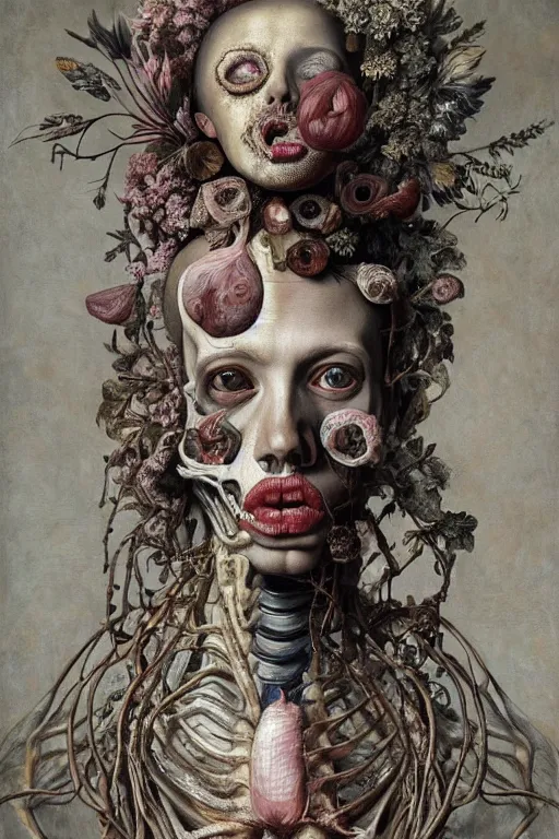 Image similar to Detailed maximalist portrait of a greek god with large lips and eyes, scared expression, botanical anatomy, skeletal with extra flesh, HD mixed media, 3D collage, highly detailed and intricate, surreal illustration in the style of Jenny Saville, dark art, baroque, centred in image