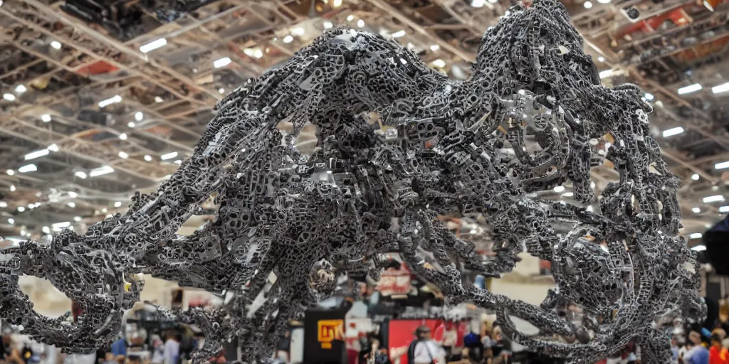 Prompt: wide shot lens photo of a very intricately detailed and epically shaped 3. 5 meter long tifa lockhart lego sculpture designed by a master builder as displayed at a lego convention, low angle shot.