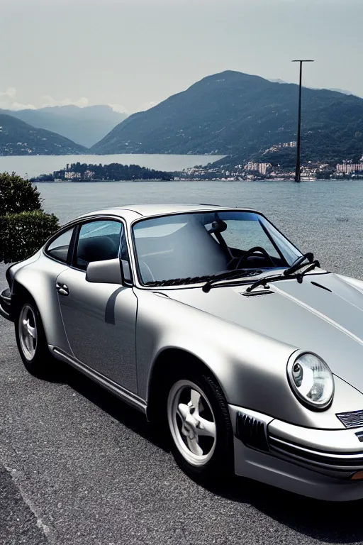 Image similar to Photo of a silver Porsche 911 Carrera 3.2 parked on a dock in Lake Como in the background, daylight, dramatic lighting, award winning, highly detailed, 1980s Versace ad, cinestill 800t, fine art print, best selling.