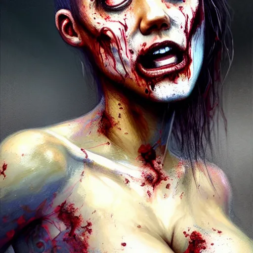 Prompt: color head portrait of jessica alba crying as a zombie, 7 days to die zombie, gritty background, fine art, award winning, intricate, elegant, sharp focus, cinematic lighting, digital painting, 8 k concept art, art by michael hussar, art by brom, art by guweiz and z. w. gu, 8 k