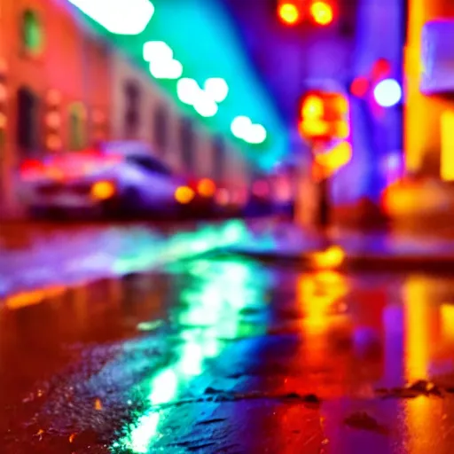 Prompt: Chameleon, rain, neon lights reflecting off the street, low wide shot, 8k, colorful, award winning photo