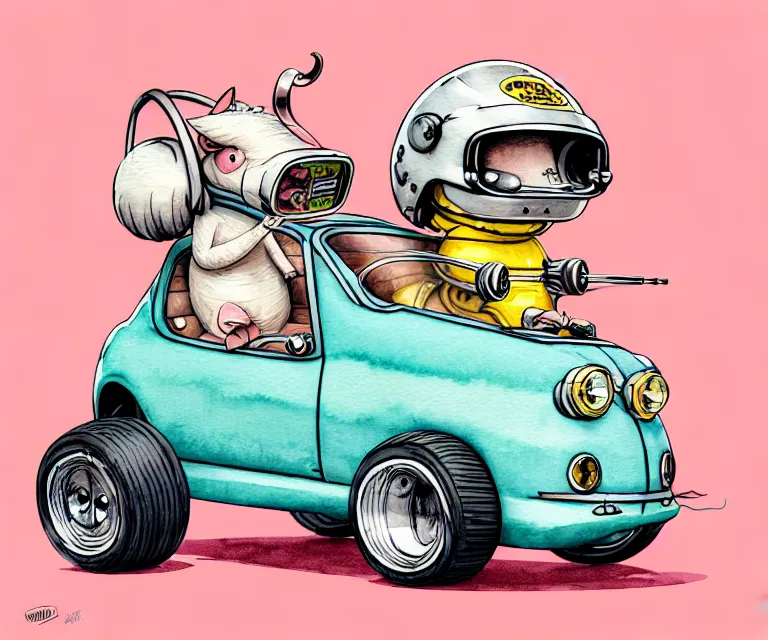 Image similar to cute and funny, mangalitsa wearing a helmet driving a tiny hot rod with an oversized engine, ratfink style by ed roth, centered award winning watercolor pen illustration, isometric illustration by chihiro iwasaki, edited by craola, tiny details by artgerm and watercolor girl, symmetrically isometrically centered