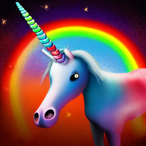 Image similar to an unicorn with rainbow ponytail shooting red laser beams from eyes flying on the background of the sky