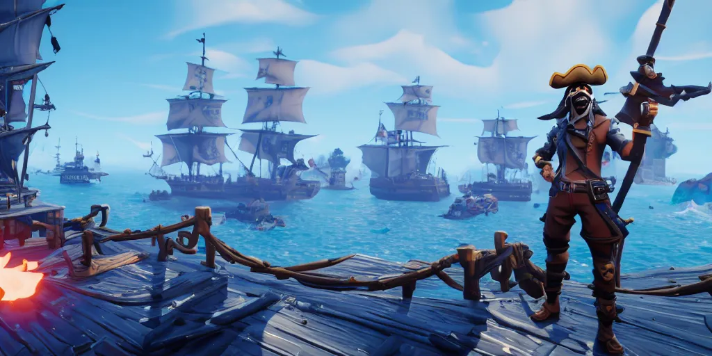 Image similar to A screenshot of pirate standing on the front of the ghost ship with the black Jolly Roger flag in Fortnite, 3D, Unreal Engine, 4K UHD, RTX, DLSS,