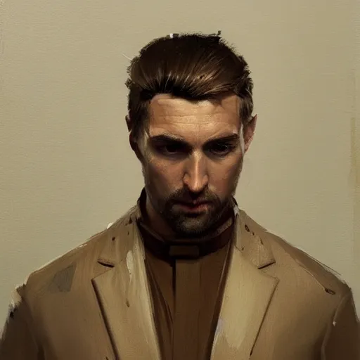 Prompt: A detailed oil painting of a priest in his thirties, sharp and angular face, dirty blonde hair reaching the shoulders, by Greg Rutkowski, trending on artstation