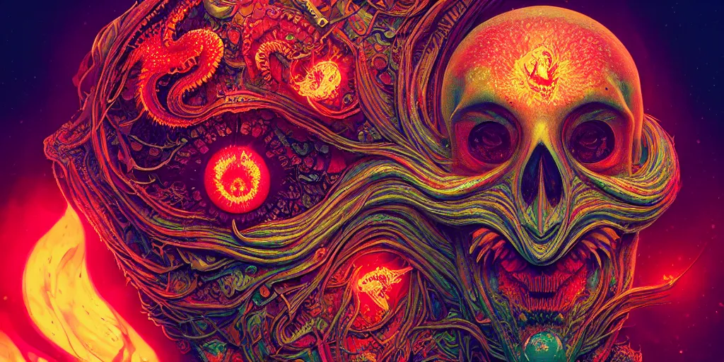 Image similar to psychedelic shaman close-up portrait. amanita muscaria phoenix head, nautilus, insect, skull, ice and fire, bioluminiscent creatures, intricate artwork by Tooth Wu and wlop and beeple. octane render, trending on artstation, greg rutkowski very coherent symmetrical artwork. cinematic, hyper realism, high detail, octane render, 8k