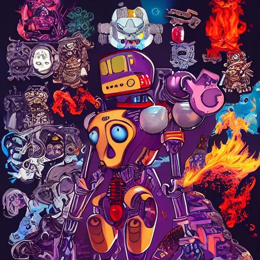 Prompt: Automaton, fire spirit, K-VRC, Love Death and robots, Pathfinder, Robot, Overload, art by Graey Erb, full shot, pop art