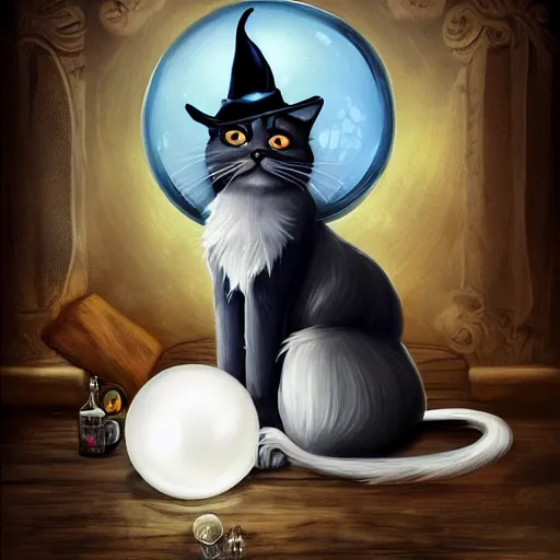 Prompt: a full body beautifull witch with white hair in an old room. A cristal ball on a wood table with a potions and old instruments. A cat on the floor licking his paw. in a fantasy style paiting