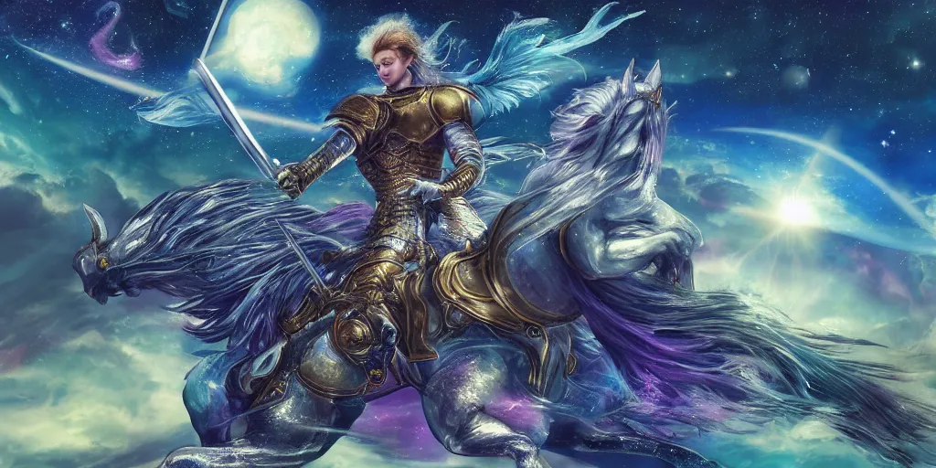 Prompt: A knight holding a sword while riding in a Pegasus through the galaxy, vaporwave, 4K, highly detailed