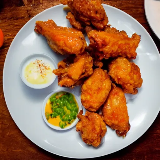 Image similar to a photograph of a fat orange cat eating fried wings, cooked to perfection, chefs table, netflix, gourmet, three michelin star, food photography