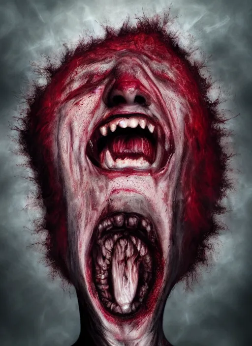 Image similar to dramatic dark red matte portrait painting of screaming insane woman with black mandelbrot fractal instead of face, horror, body horror, dark art, 4 k, detailed, realistic, psychotic, insane, crazy, mental illness, dramatic,