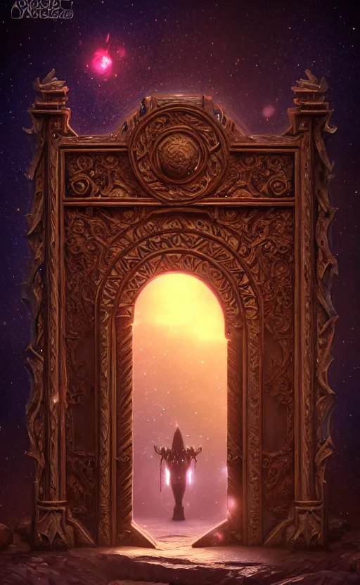 Image similar to a ornamental gate into stars a demon emerges from it, ornament, intarsia, portal, doorway, no background, dynamic lighting, ambient lighting, atmospherical, photorealistic fantasy concept art, trending on art station, stunning visuals, creative, cinematic, ultra detailed