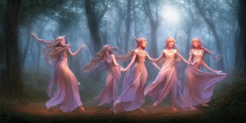 Image similar to masterpiece ephemeral elven girls dancing in the woods at dusk, by rossdraws, face by artgerm and edmund leighton, majestic, volumetric lighting, porcelain skin, photorealistic, intricate, trending on artstation 8 k