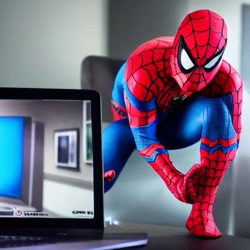 Prompt: a hyper - realistic photo taken with an iphone of a man dressed as spider - man playing video games on a pc, super highly detailed, photorealistic