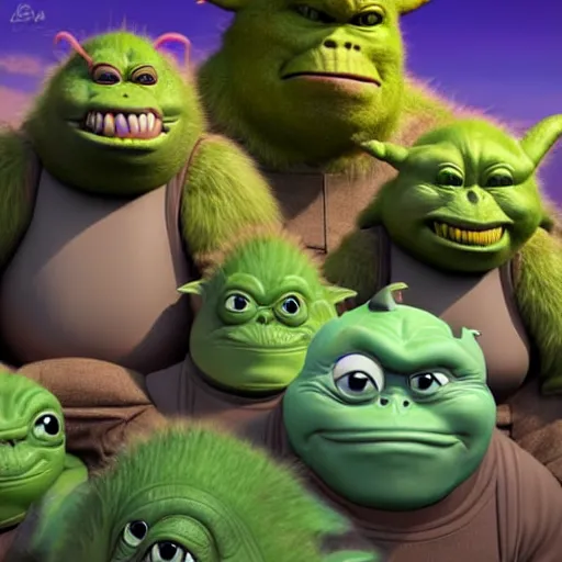 Image similar to elon musk godzilla yoda donkey kong pikachu yeti shrek spongebob homer groot rick sanchez elsa, highly detailed, extremely high quality, hd, 4 k, 8 k, professional photographer, 4 0 mp, lifelike, top - rated, award winning, cinematic, realistic, detailed lighting, detailed shadows, sharp, no blur, edited, corrected, trending