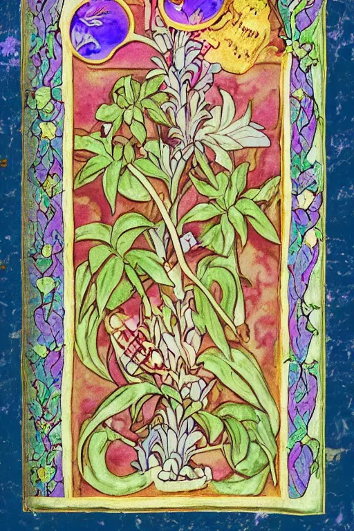 Image similar to vaporwave botanical medieval illuminated manuscript