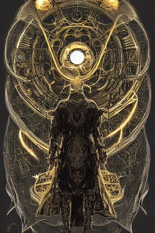 Prompt: a study of cell shaded illustration of a neofuturistic ornate a wizard, golden ratio, post grunge screen print poster, character concept art by Miles Tsang, highly detailed, sharp focus, motherboard, Artstation, deviantart, artgem