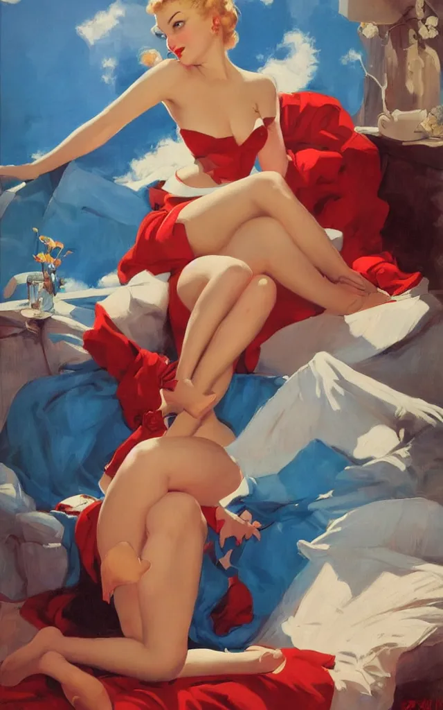 Image similar to a beautiful painting representative of the art style of gil elvgren