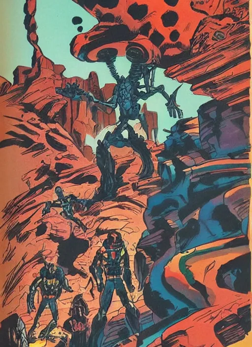 Image similar to comic book drawing of aliens at the grand canyon by jack kirby!!! and gris grimly, cinematic, epic, awesome bright color palette, hard contrast, black ink outlines