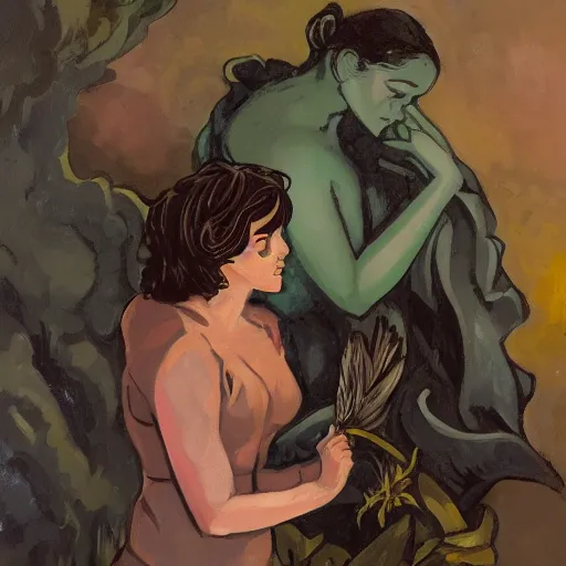 Image similar to short-haired heroic stoic handsome blonde butch tomboy woman engineer standing beside dark fae feathered Jennifer Connelly in garden, in love, Mike Mignola, trending on art station, oil painting