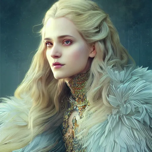 Image similar to portrait painting of a beautiful and regal blonde lady wearing a feathered cloak and noble garments, ultra realistic, concept art, intricate details, eerie, highly detailed, photorealistic, octane render, 8 k, unreal engine. art by artgerm and greg rutkowski and charlie bowater and magali villeneuve and alphonse mucha