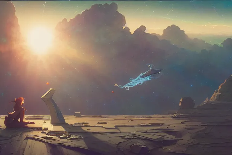 Image similar to highly detailed cosmic air strike, stephen bliss, unreal engine, greg rutkowski, loish, rhads, beeple, makoto shinkai and lois van baarle, ilya kuvshinov, rossdraws, tom bagshaw, alphonse mucha, global illumination, god rays, detailed and intricate environment