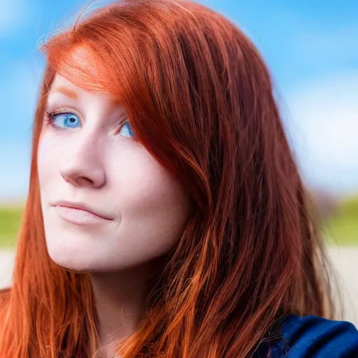 Image similar to close up photo of the left side of the face of a redhead woman with blue eyes who looks directly at the camera. Slightly open mouth, with a park visible in the background. 135mm nikon. Intricate. Very detailed 8k. Sharp. Cinematic post-processing.