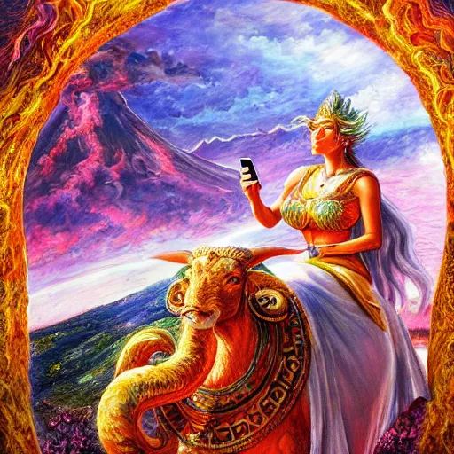 Image similar to a goddess riding a ram while checking her cell phone, erupting volcano and sunrise in distance in background, painting by josephine wall, senior concept artist, acrylic on canvas, intricately detailed, high resolution trending on artstation