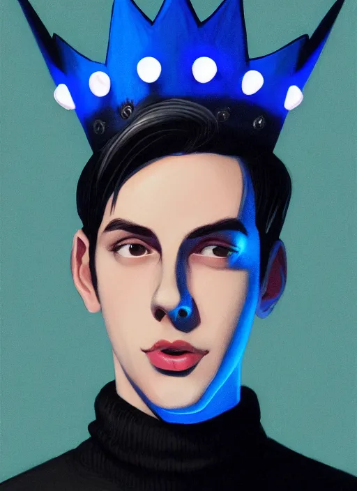 Image similar to portrait of teenage jughead jones wearing a light grey crown, crown, blue turtleneck, 1 9 5 0 s, closed eyes, photorealistic, black hair, glowing lighting, intricate, elegant, glowing lights, highly detailed, digital painting, artstation, concept art, smooth, sharp focus, illustration, art by wlop, mars ravelo and greg rutkowski