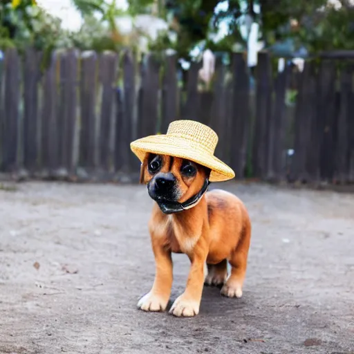 Prompt: a puppy wearing a straw hat