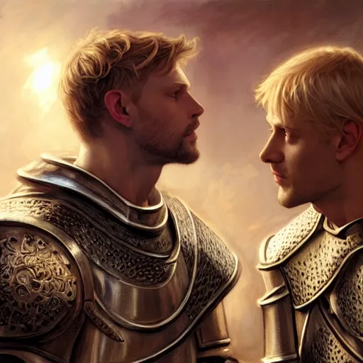 Image similar to attractive arthur pendragon and his favourite attractive male knight, they are in love, camelot, natural lighting, path traced, highly detailed, high quality, digital painting, by gaston bussiere and ross tran and j. c. leyendecker