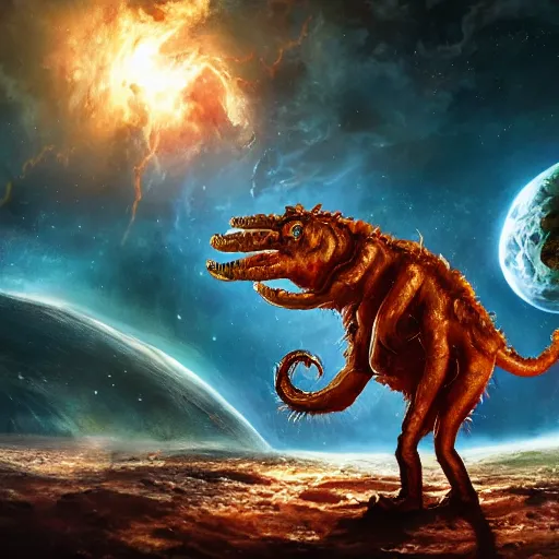 Image similar to eldritch horror bloody garfield in space, hd, 8 k, giant, epic, realistic photo, unreal engine, stars, prophecy, powerful, cinematic lighting, destroyed planet, debris, violent, sinister, ray tracing, dynamic, epic composition, dark, horrific, teeth, grotesque, monochrome drawing, hellscape