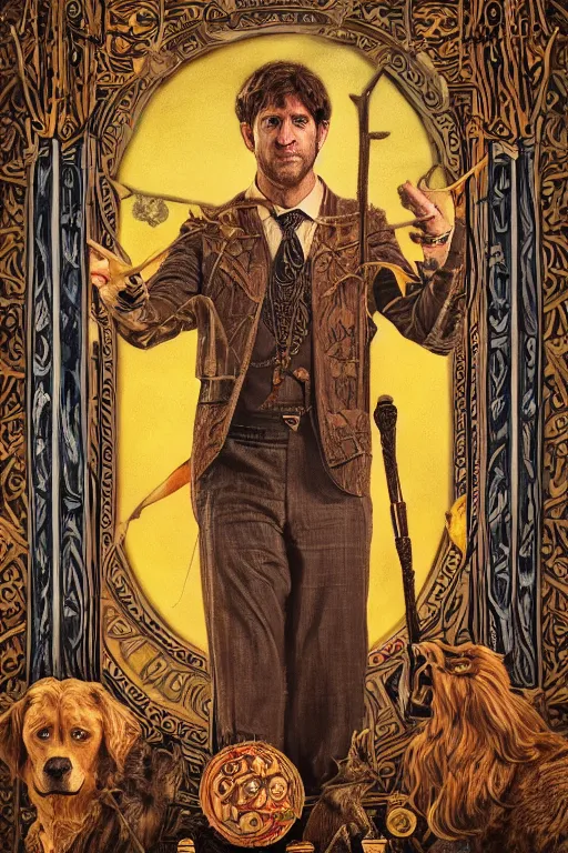 Image similar to beautiful tarot card of Jim Halpert, oil on canvas, intricate, symmetrical, portrait, 8k highly professionally detailed, HDR, CGsociety