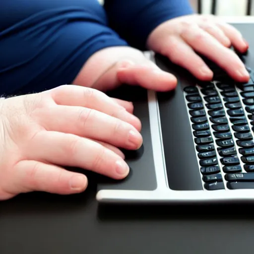 Image similar to obese man typing on a computer , photograph , realistic , HD , 4k