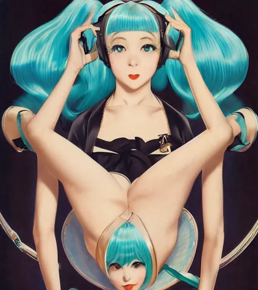 Prompt: very beautiful Hatsune miku by Gil Elvgren, Earl Moran, Enoch Bolles, symmetrical hands