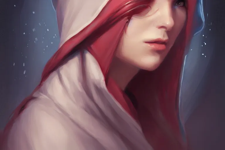 Prompt: « a painting of a woman with a hood on, a digital painting by charlie bowater, featured on cgsociety, fantasy art, behance hd, wiccan, artstation hd »