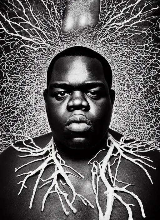 Image similar to portrait of the Notorious BIG with translucent skin, visible muscles and veins and arteries and bones and spines and nerves, beautiful detailed intricate insanely detailed octane render, 8k artistic photography, photorealistic, chiaroscuro, by David Cronenberg, Raphael, Caravaggio