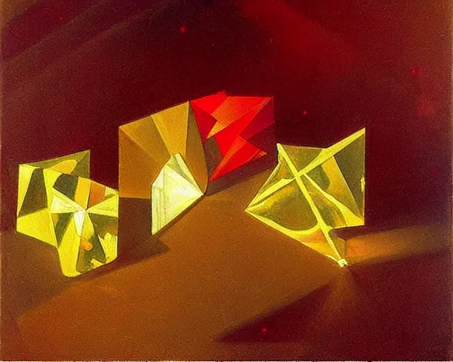 Image similar to painting by john singer sargent. hypercubes, tesseracts, three dimensional shadows of higher dimensional objects. diamonds and gold and bright red streaks of light. john singer sargent art style