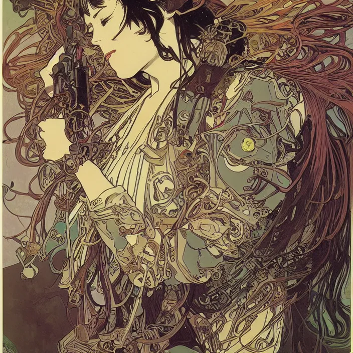 Image similar to alphonse mucha yoji shinkawa moebius jean girard shintaro kago junji ito esoteric hypnogogic ethereal ethereality dreamy combat mech dieselpunk incredible intricate machinery illusionary art and trash polka