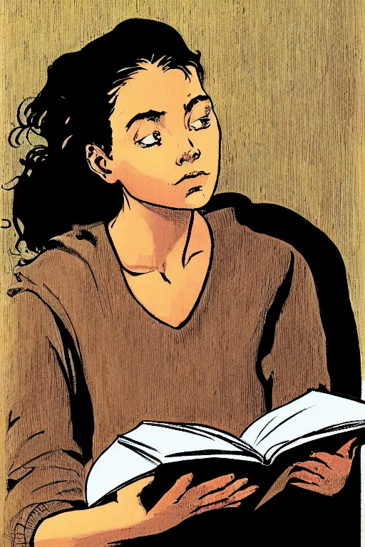 Image similar to a portrait of a girl reading a book, highly detailed, by frank miller, masterpiece, sharp focus, cinematic lightning