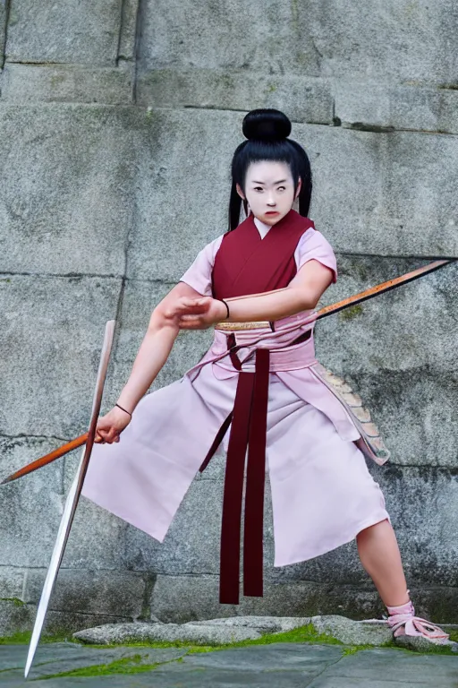 Prompt: highly detailed beautiful photo of a young female samurai, practising sword stances in a ancient temple, symmetrical face, beautiful eyes, realistic anime art style, 8 k, award winning photo, pastels colours, action photography, 1 / 1 2 5 shutter speed, sunrise lighting