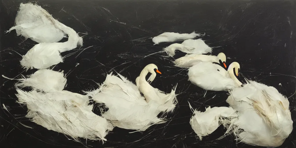 Image similar to white ball, made by swans, feathers, melted in the water. dark atmosphere, dark space. swans. messy. by andrew wyeth, jenny saville and nicola samori