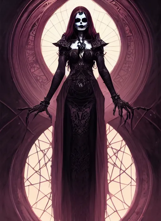 Image similar to Necromancer Sorceress goddess of death, background fantasy pentagram sorceress magic, undercut hairstyle, dark light night, intricate, elegant, sharp focus, illustration, highly detailed, digital painting, concept art, matte, art by WLOP and Artgerm and Greg Rutkowski and Alphonse Mucha, masterpiece