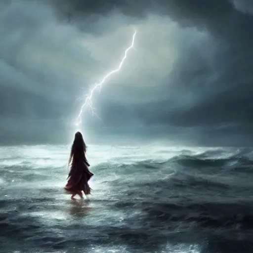 Image similar to concept art, facing the back of a woman standing alone in the middle of a sea storm, wearing a dress, thunderstom, lightning, rain, medieval, dark concept art, painting by wlop, nixeu and greg rutkowski, beautiful, semirealism, artstation, octane render, sharpness, 8 k, golden ratio