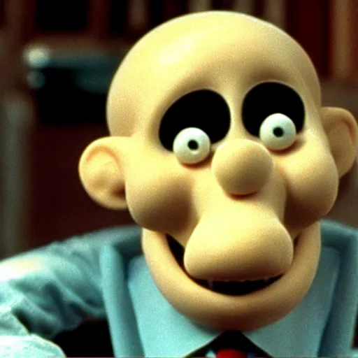 Image similar to Wallace smoking crack in a still from the short movie A Grand Day Out (1989), Wallace and Gromit, Aardman Animations, claymation, 4k, high quality
