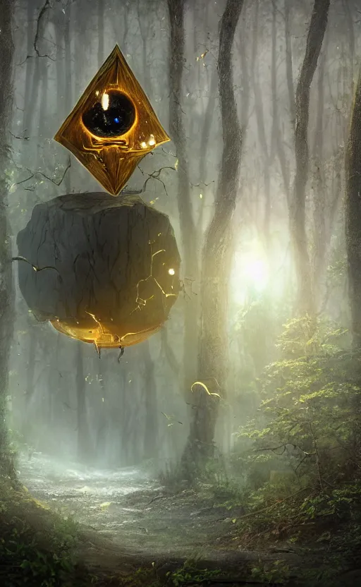 Image similar to dark fantasy photorealistic concept art of bill cipher floating in the middle of a forest with glowing yellow eyes, and pebbles floating in the air, gloomy seen, dynamic lighting, ambient lighting, atmospherical, stunning visuals, creative, cinematic, ultra detailed, trending on art station