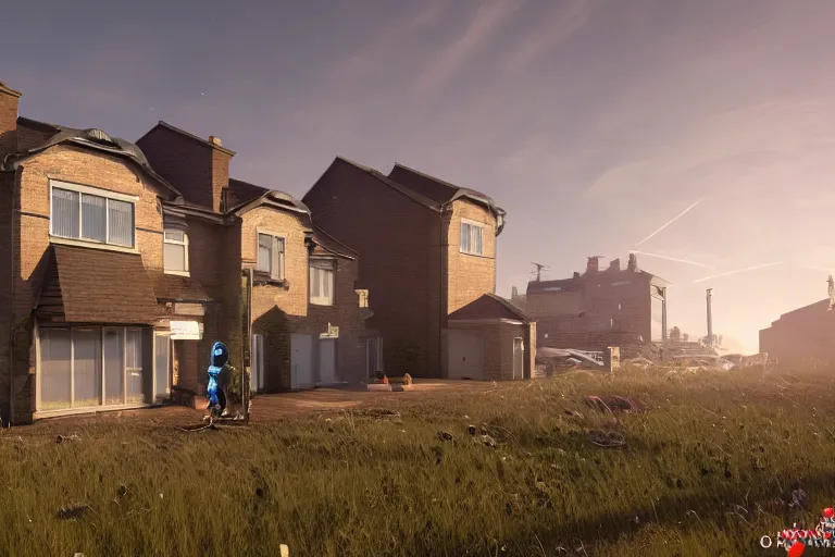 Image similar to cyberpunk, an estate agent listing photo, external view of a 5 bedroom detached house in the UK, it's summer, clear sky, by Paul Lehr, highly detailed, photorealistic, unreal engine, 8k,